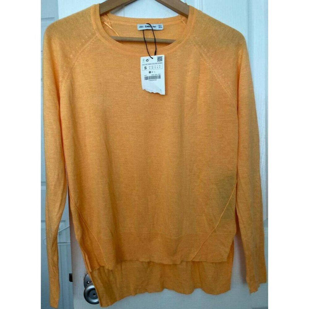 READ * Zara Knit Light Orange Pullover Asymmetrical Semi Sheer Sweater S NWT